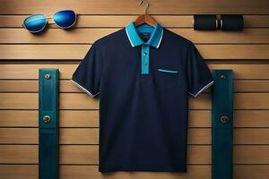 a polo shirt and sunglasses on a wooden wall. AI-Generated photo