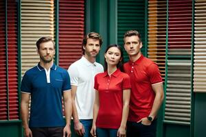 three men and a woman wearing red, blue and white polo shirts. AI-Generated photo