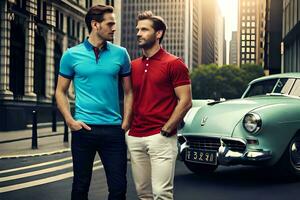 two men in polo shirts standing next to a classic car. AI-Generated photo