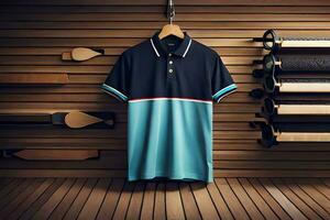 a polo shirt is hanging on a wall. AI-Generated photo