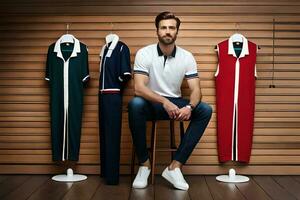a man sitting on a stool next to a rack of men's clothing. AI-Generated photo