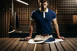 a man in a blue polo shirt is sitting on a wooden table. AI-Generated photo