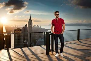 a man in sunglasses and a red polo shirt stands on a balcony overlooking the city. AI-Generated photo