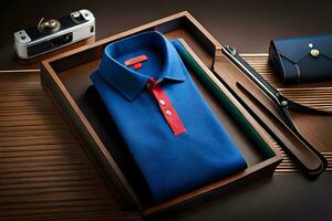 a blue shirt and red collar are in a box. AI-Generated photo