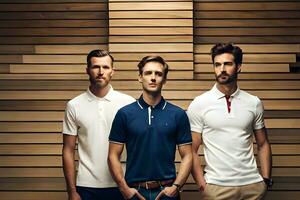 three men in polo shirts standing against a wall. AI-Generated photo