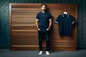 a man standing next to two polo shirts. AI-Generated photo