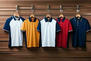 four different colored polo shirts hanging on a wooden wall. AI-Generated photo