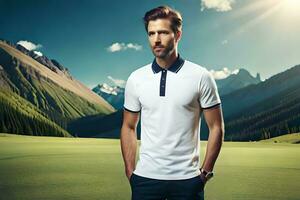 a man in a white polo shirt standing in a field. AI-Generated photo