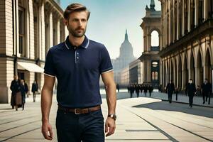 a man in a blue polo shirt and jeans stands on a city street. AI-Generated photo