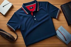 a blue polo shirt with red trim and a wallet. AI-Generated photo