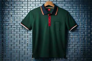 a green polo shirt hanging on a wall. AI-Generated photo