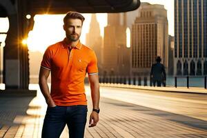 a man in an orange polo shirt standing on a city street. AI-Generated photo