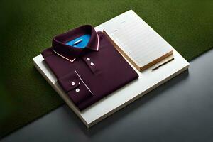 a purple shirt and notepad on a table. AI-Generated photo