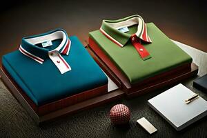 two green and red polo shirts on a table. AI-Generated photo