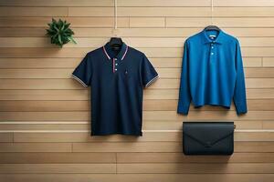 two men's polo shirts hanging on a wall. AI-Generated photo