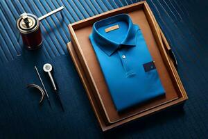 a blue shirt and a pair of scissors are in a box. AI-Generated photo