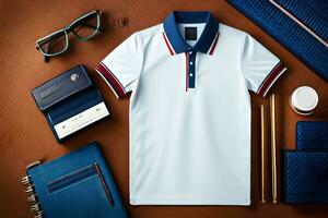 a white polo shirt, glasses, wallet and other items. AI-Generated photo