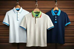 three men's polo shirts hanging on a wooden wall. AI-Generated photo