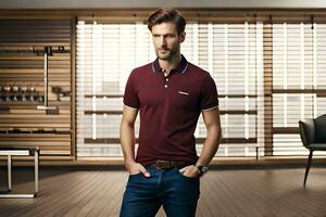 a man in a maroon polo shirt and jeans. AI-Generated photo