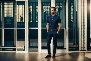 un hombre en un azul polo camisa soportes en frente de un vaso puerta. generado por ai foto