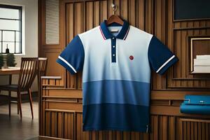 a blue polo shirt hanging on a wooden wall. AI-Generated photo