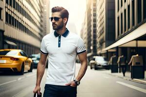 a man in a white polo shirt and sunglasses walking down the street. AI-Generated photo