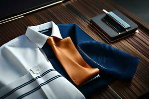 a blue shirt, white tie and orange tie. AI-Generated photo