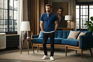 a man in a blue polo shirt standing in a living room. AI-Generated photo