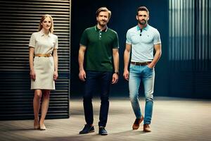 three men and a woman in polo shirts. AI-Generated photo
