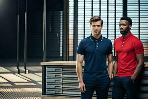 two men in red and blue polo shirts. AI-Generated photo