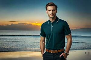 a man in a blue polo shirt standing on the beach. AI-Generated photo