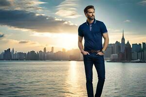 a man in blue shirt standing on the shore of a body of water. AI-Generated photo