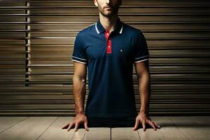 a man in a blue polo shirt sitting on a wooden floor. AI-Generated photo