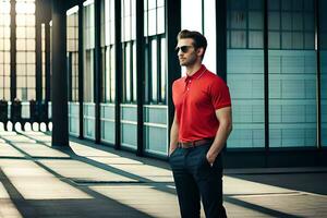 a man in a red polo shirt and sunglasses stands in front of a large building. AI-Generated photo