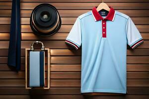 a blue polo shirt, hat and tie are on a wooden wall. AI-Generated photo