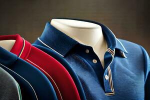 three different colored polo shirts on display. AI-Generated photo