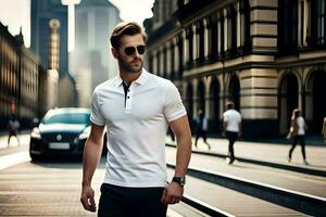 a man in a white polo shirt and sunglasses walking down a street. AI-Generated photo
