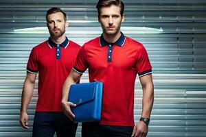 two men in red polo shirts holding a briefcase. AI-Generated photo