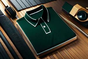 a green polo shirt and a camera on a wooden table. AI-Generated photo