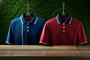 two polo shirts hanging on a wooden table. AI-Generated photo