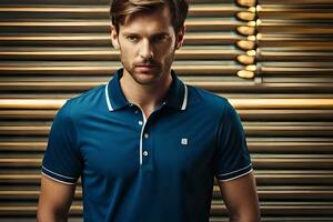 a man in a blue polo shirt standing in front of a wall. AI-Generated photo