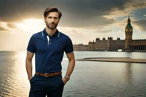 a man in a blue polo shirt standing in front of a body of water. AI-Generated photo