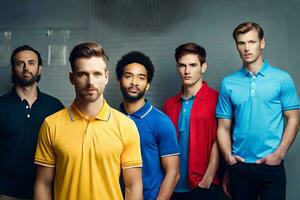 un grupo de hombres vistiendo diferente de colores polo camisas generado por ai foto