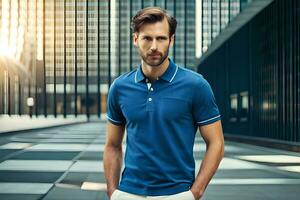 a man in a blue polo shirt standing in front of a city. AI-Generated photo
