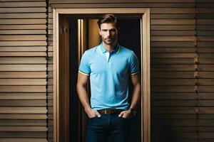 a man in a blue polo shirt standing in an open door. AI-Generated photo