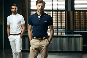 two men in white shirts and khaki pants. AI-Generated photo