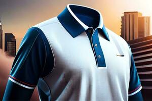 a white and blue polo shirt with a city in the background. AI-Generated photo