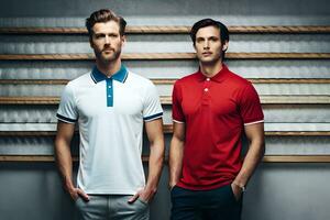 two men in polo shirts standing next to each other. AI-Generated photo