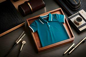 a blue polo shirt in a wooden box with a pen, watch and other items. AI-Generated photo