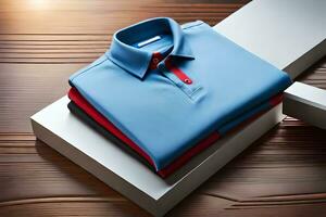 un azul polo camisa y rojo camisa en un de madera mesa. generado por ai foto